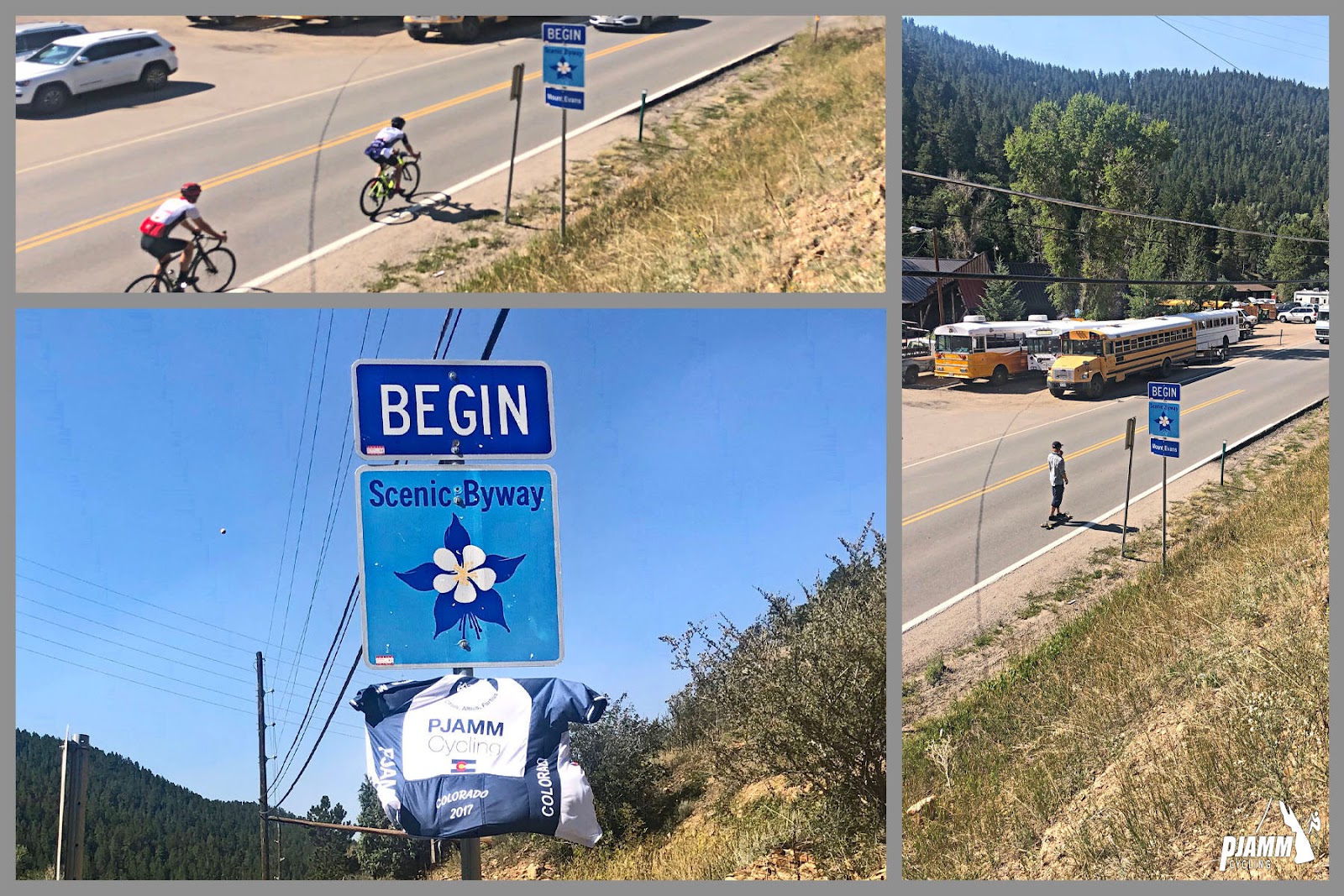 Cycling Mt. Evans, Colorado - photo collage, PJAMM Cycling logo in corner, aerial view of two cyclists riding along road shoulder for Scenic Byway, blue road sign for Scenic Byway with blue PJAMM Cycling jersey hanging below it