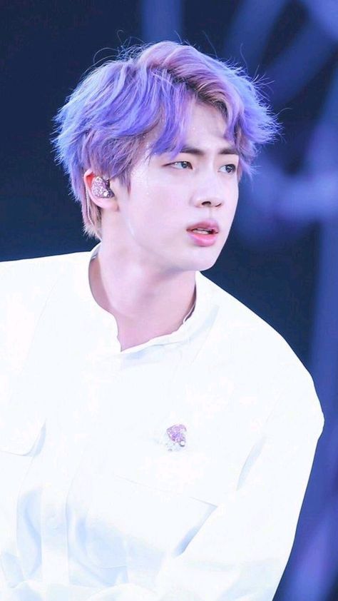 This contains an image of jin in a white dress and a purple hair