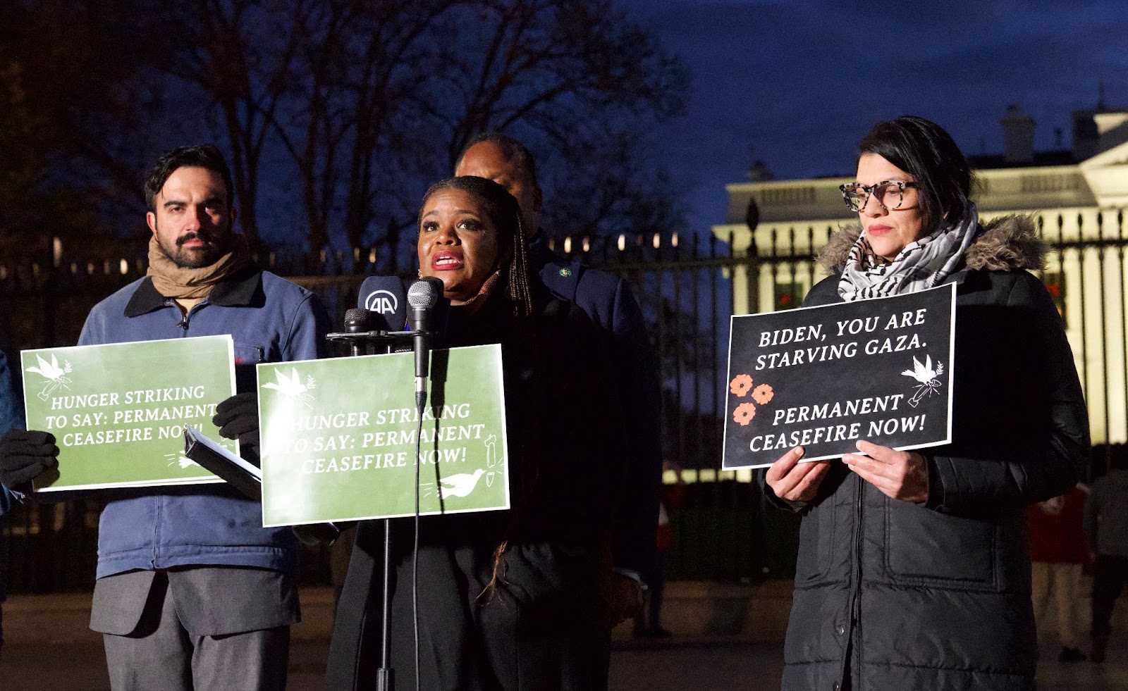 Rashida, Cori Bush, and Zohran outside the White House at an evening vigil