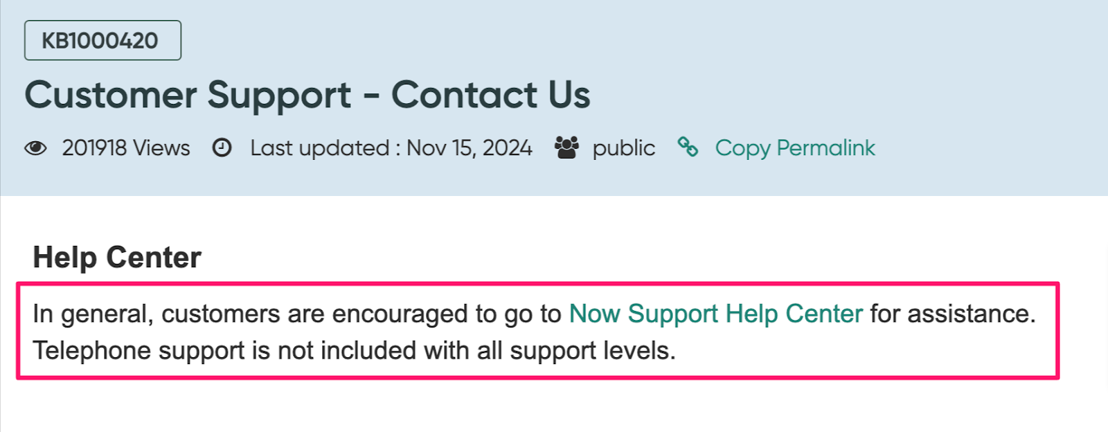 ServiceNow customer support screenshot.