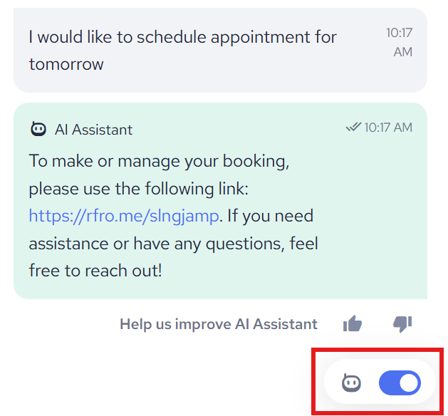 Example Of The AI Assistant Offering The Booking Link Via Inbox