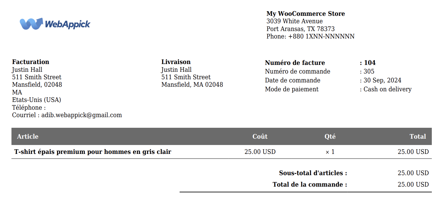 Translate WooCommerce Invoice - English to French