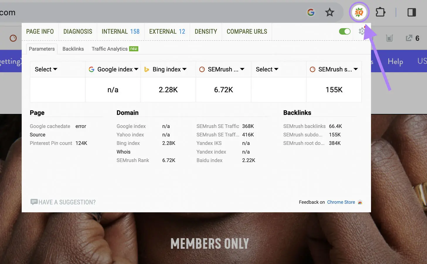 An SEOquake overview of key metrics on a website