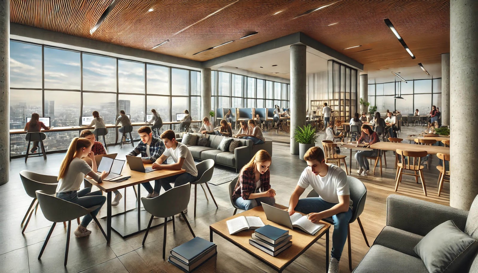 Des étudiants qui vivent dans une résidence étudiante et qui étudiante dans la salle d'études. La résidence offre une vue panoramique sur toute la ville.