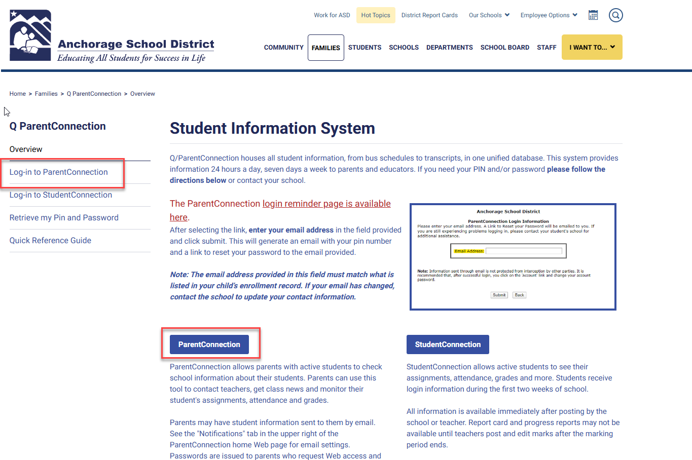 Location of the Parent Connection login links on the Student Information System page.