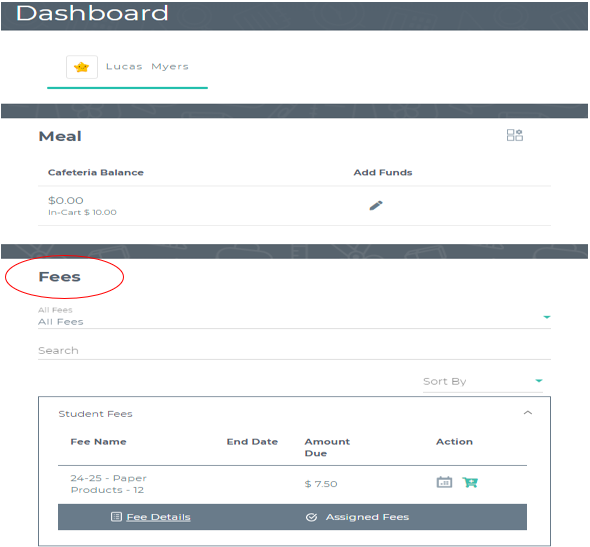 screen shot with fees section circled in red