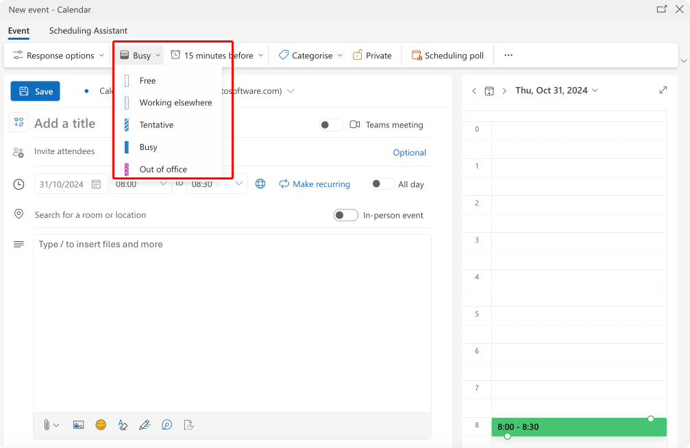 Pic. 3. Navigating to the “Out of the Office” status in OWA. 