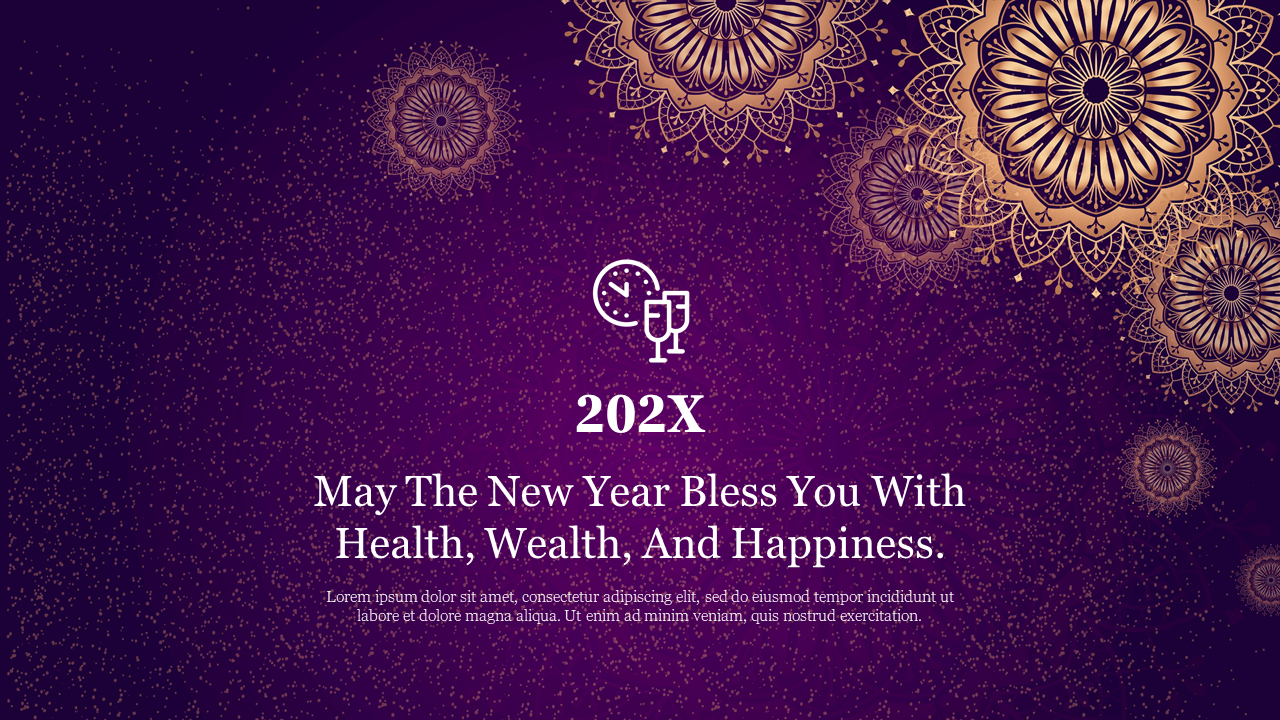 Elegant New Year slide with a purple background, golden mandala designs, festive greeting, and champagne icon.