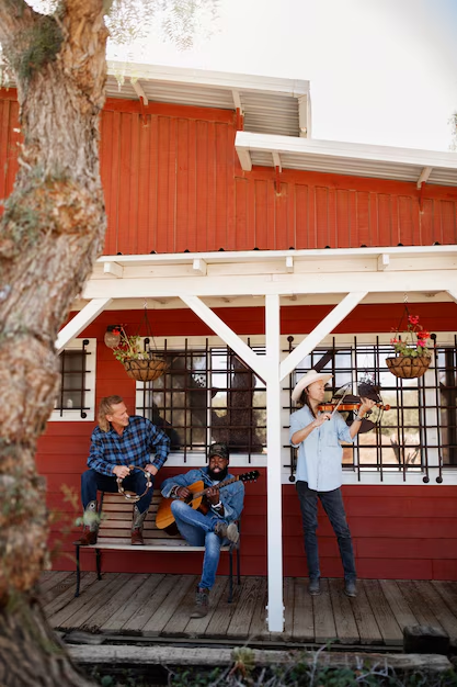 Musicians playing instruments on the porch of a rustic red building, embodying the charm and character of one of the top secret stays in California, where unique experiences and local culture blend seamlessly.