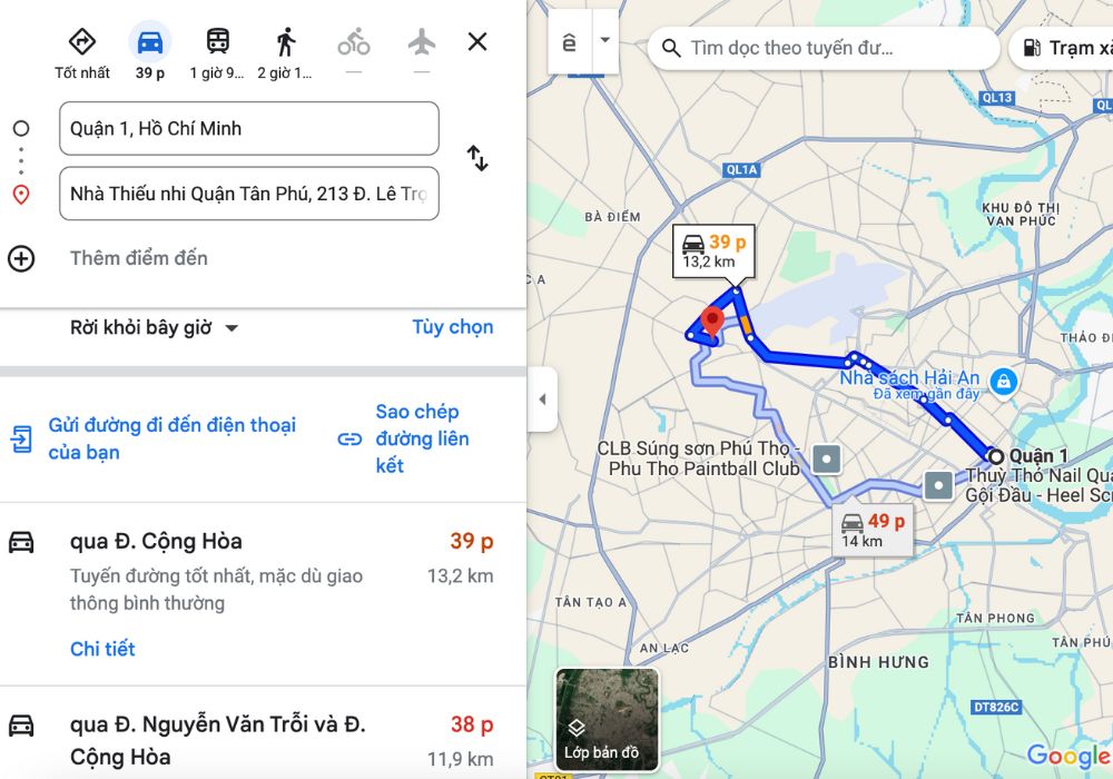 Đường đi tới Nhà Thiếu nhi Quận Tân Phú từ Trung Tâm Quận 1 (Ảnh: Google Maps)