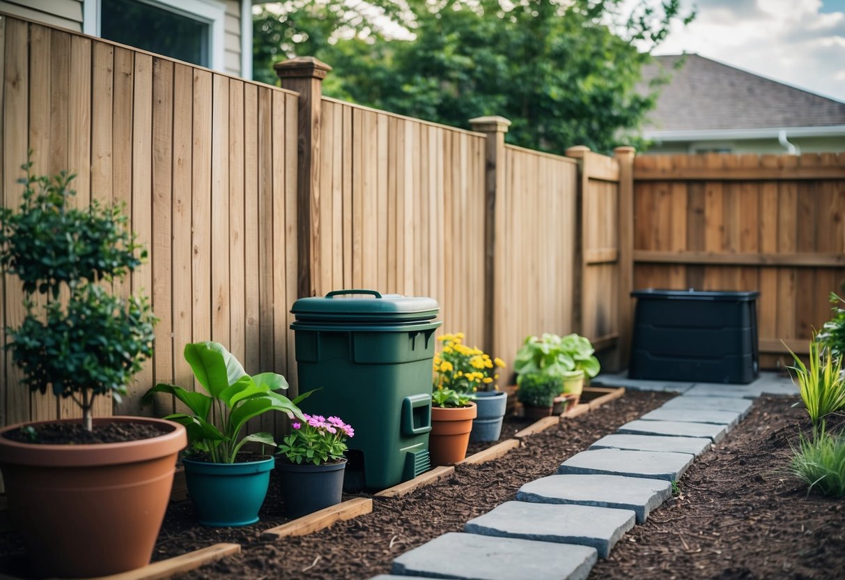 A small backyard with potted plants, a compost bin, and a DIY rain barrel. A simple wooden fence and a stone pathway complete the low-cost landscaping