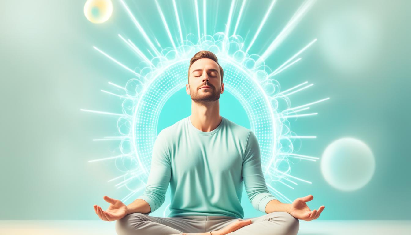 A person sitting cross-legged with eyes closed, surrounded by glowing orbs that represent their clear intentions. The person is wearing comfortable clothing and appears to be in a peaceful state of mind. The background is a soft, soothing color that symbolizes the clarity of their thoughts.