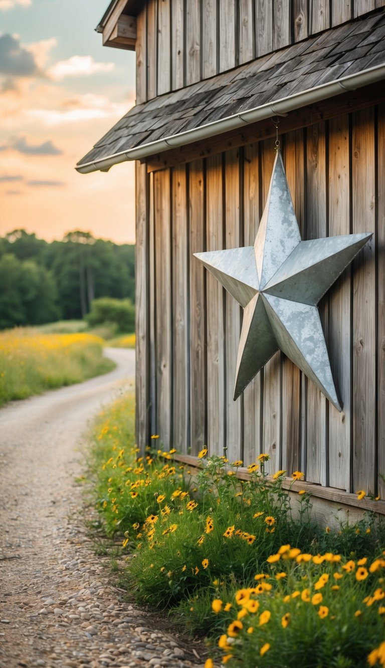 A rusty tin barn star hanging on a wall