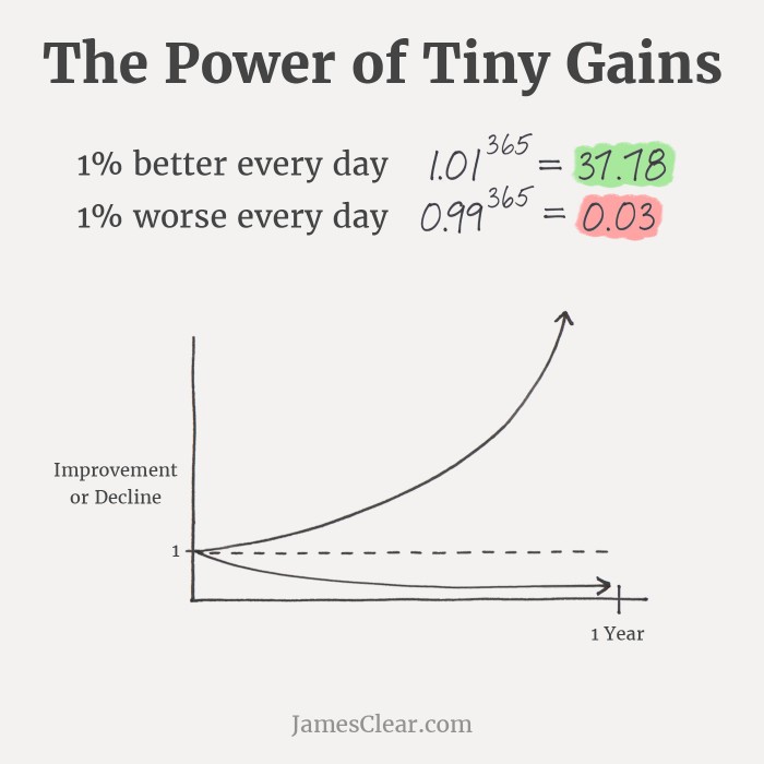 Image source: https://images.app.goo.gl/k53ANsQmcCbUw9pRA. The image is a graph of the compound effect of being 1% better and 1% worse over the course of a year. 