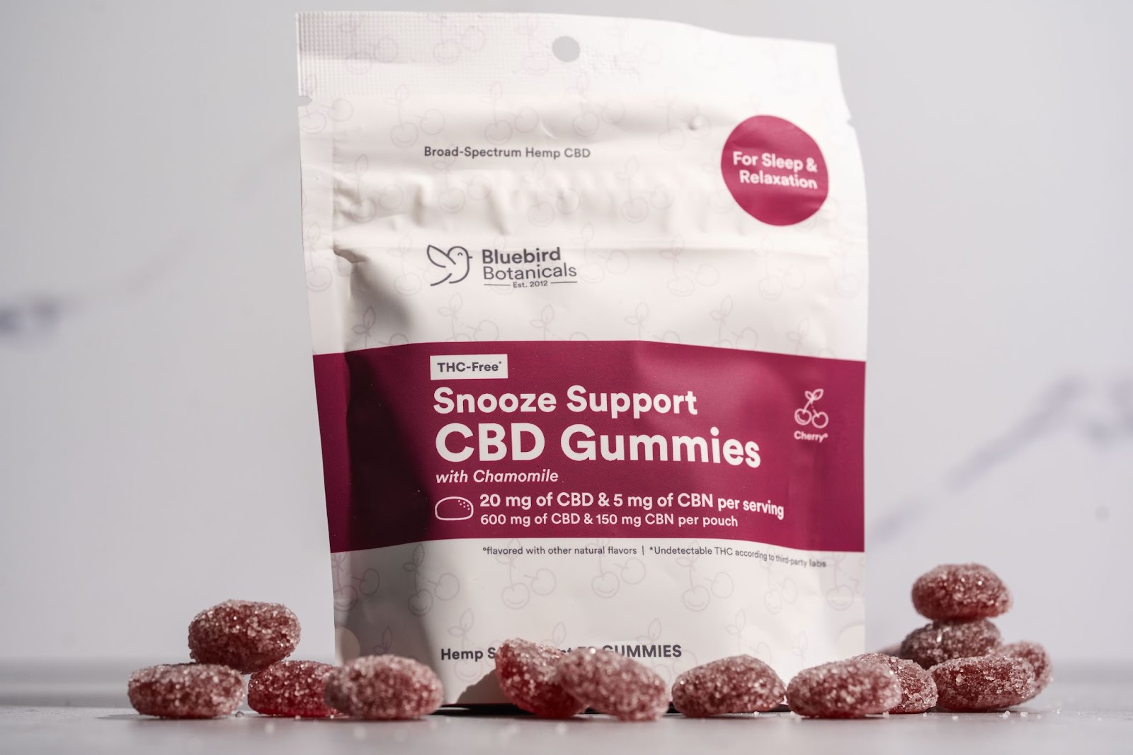 Bluebird Botanicals Snooze Support sleep gummies packet with soft fruit-flavored CBD gummies displayed on a clean surface.