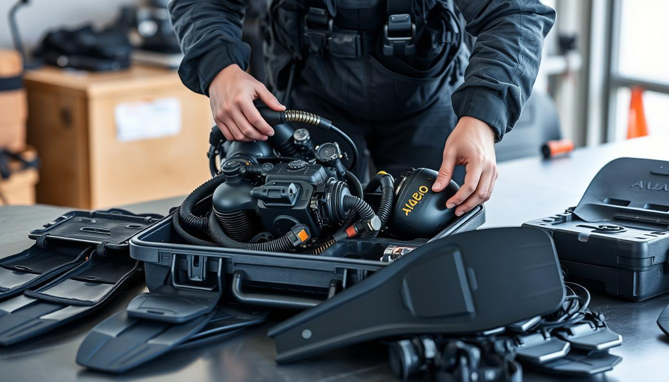 Military diver preparing specialized scuba gear for travel