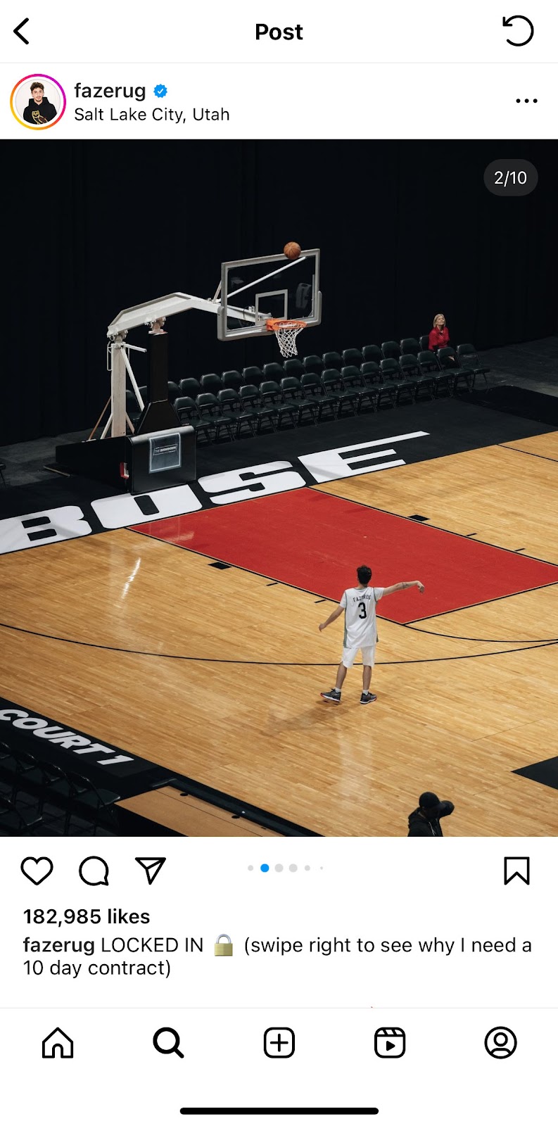 A photo of @fazerug shooting a basketball at an event sponsored by Bose. 