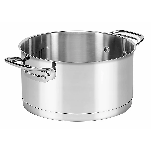 A stainless steel Scanpan saucepan with two handles on a white background.