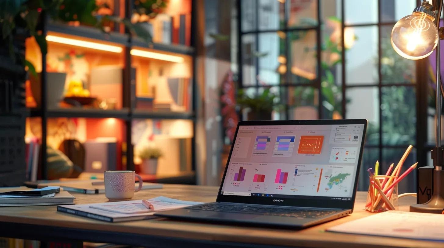 a modern office workspace with a sleek laptop open to a colorful infographic on user intent analysis, surrounded by a notepad filled with comprehensive notes and a digital tablet showcasing engaging content formats.