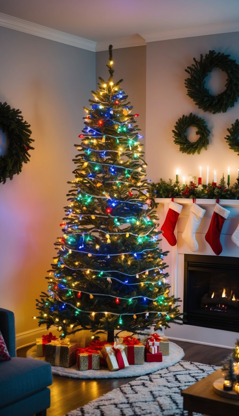 Colorful LED string lights wrapped around a Christmas tree, illuminating a cozy living room with stockings hung by the fireplace and wreaths on the walls