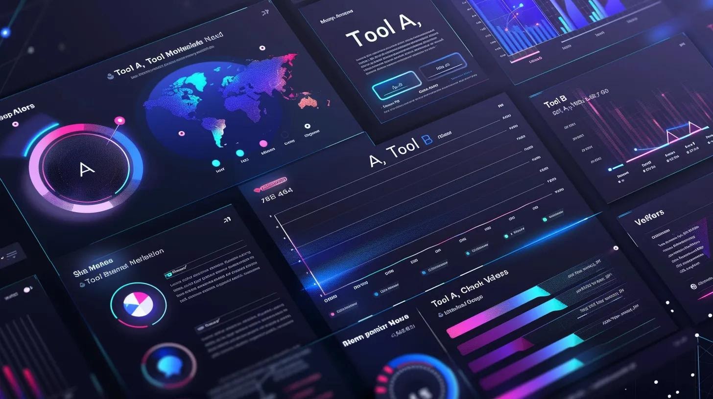 A clean infographic-style layout featuring generic software dashboards (no brand logos), each labeled with generic software names (e.g., “Tool A,” “Tool B”)—with stylized star ratings and modern UI elements.