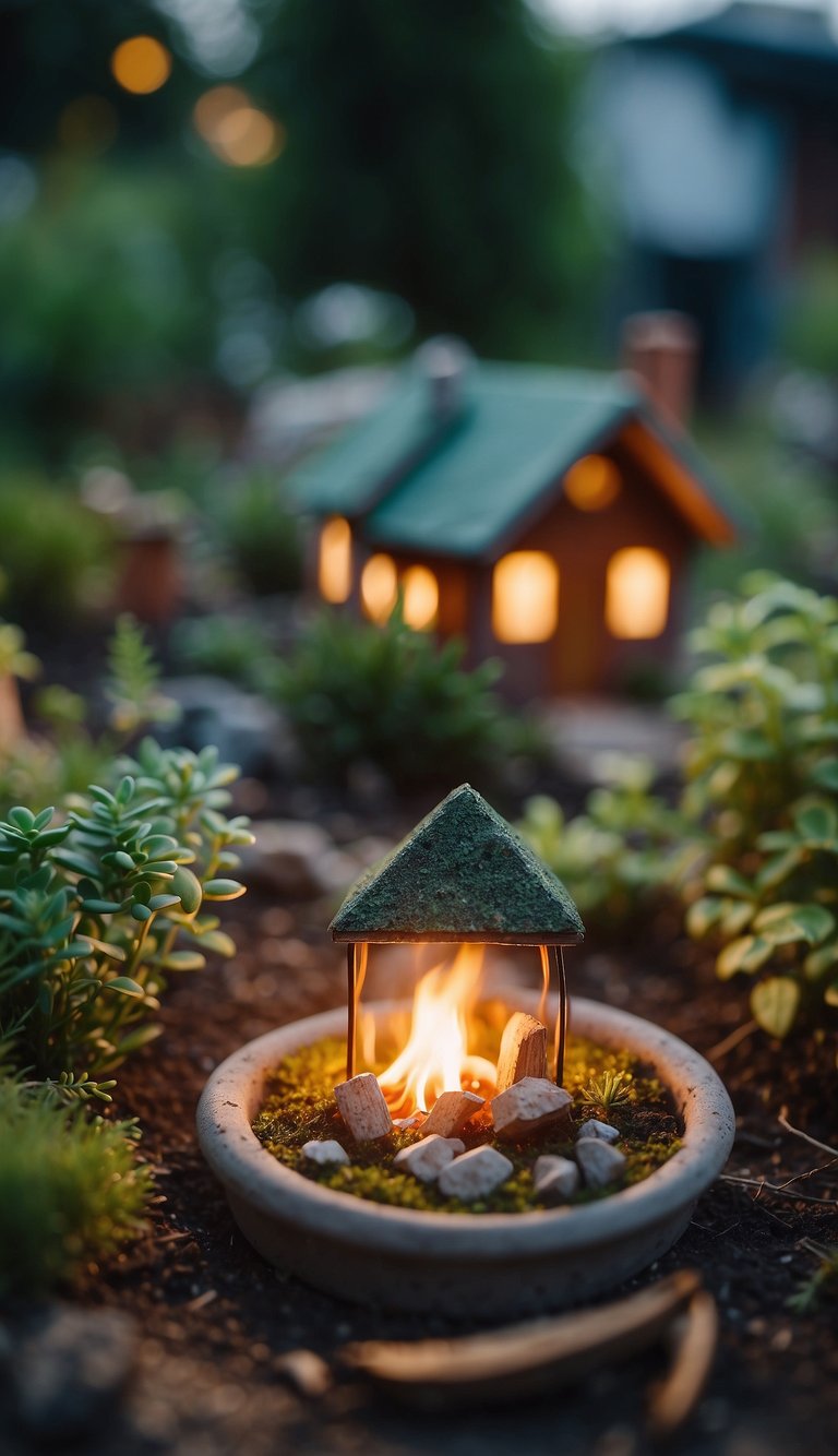 A tiny campfire flickers among miniature plants and fairy houses in a backyard garden