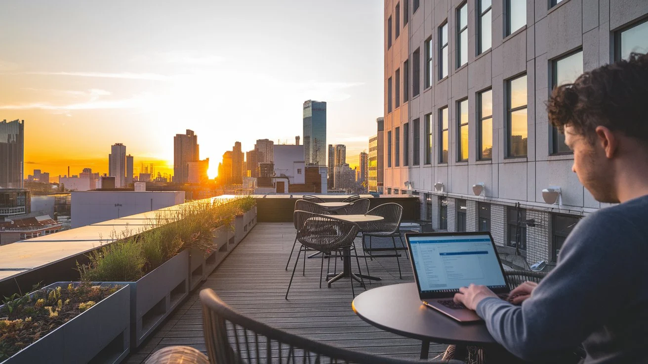 Digital nomad typing on a laptop at a rooftop café during sunset.