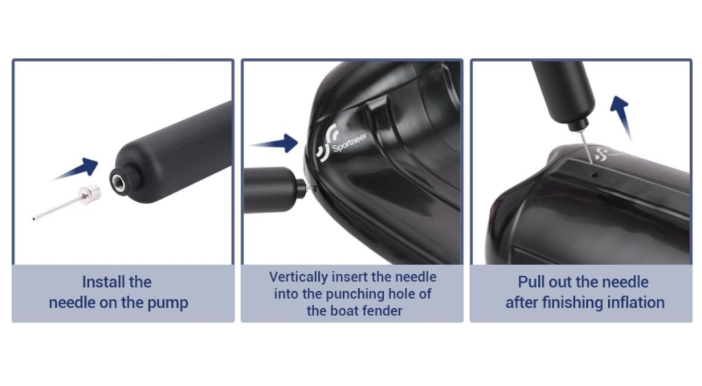 Visual guide showing the process of inflating Taylor Made boat fenders