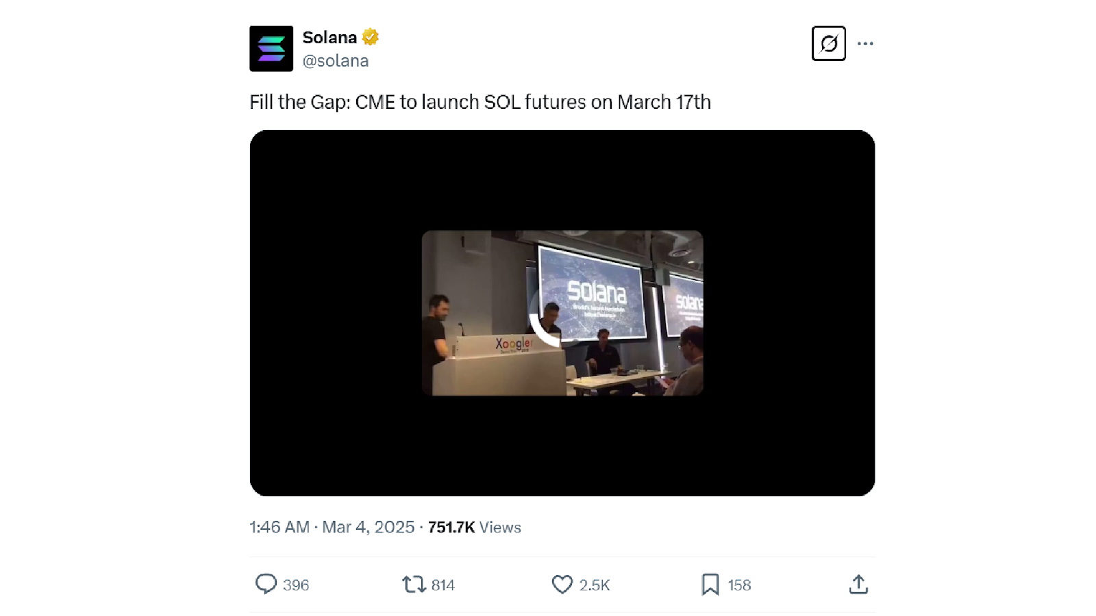 Solana’s official teaser on X about CME launching SOL futures in 2025