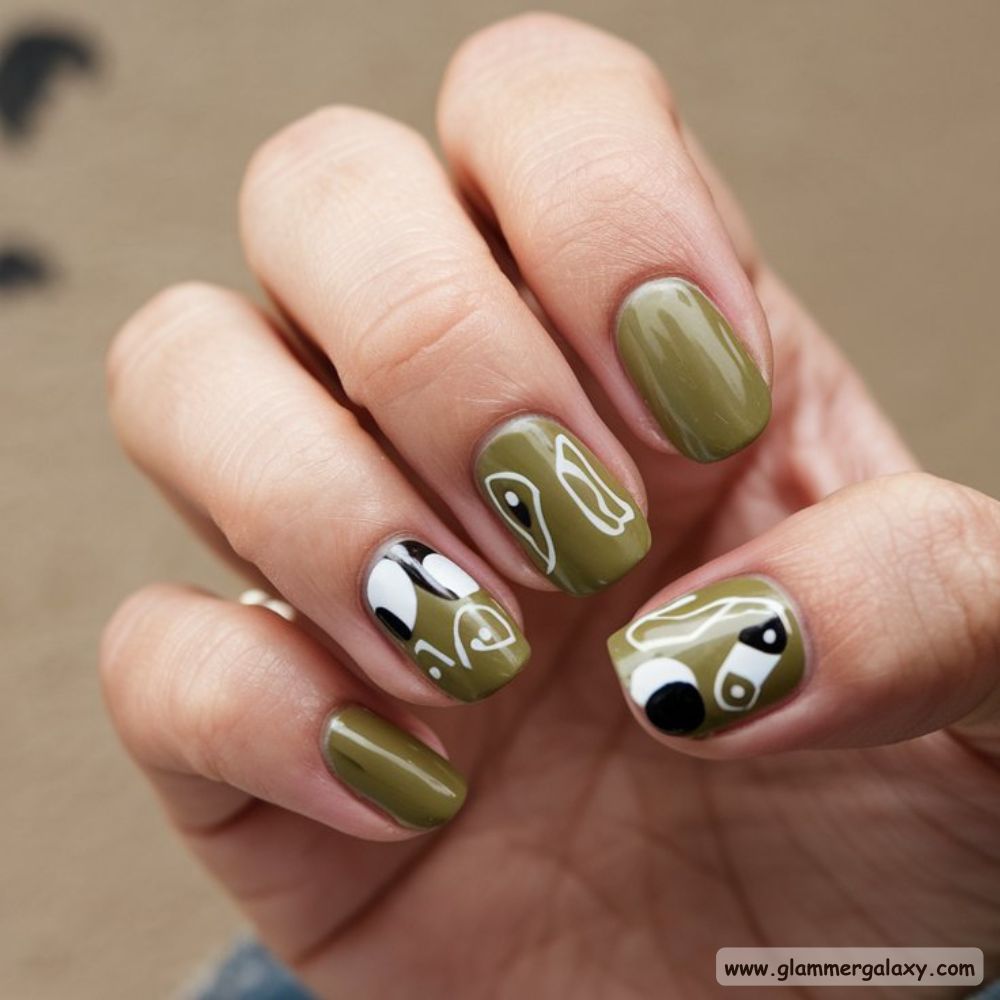 Olive green nails with Abstract Designs for an Artsy Twist