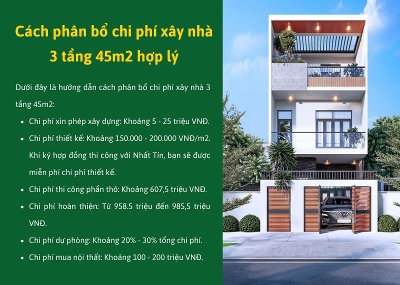 Cách phân bổ chi phí xây nhà 3 tầng 45m2 Xây dựng Nhất Tín