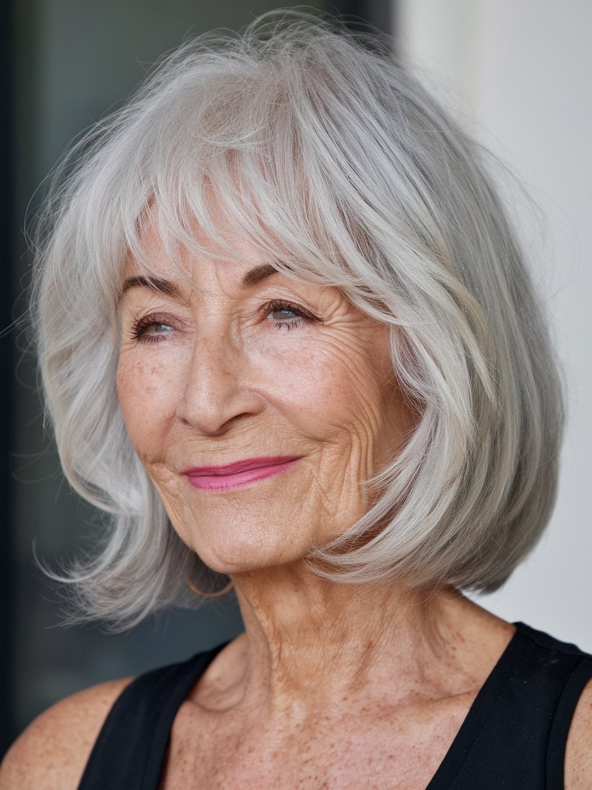 36. Layered Silver Bob with Bangs