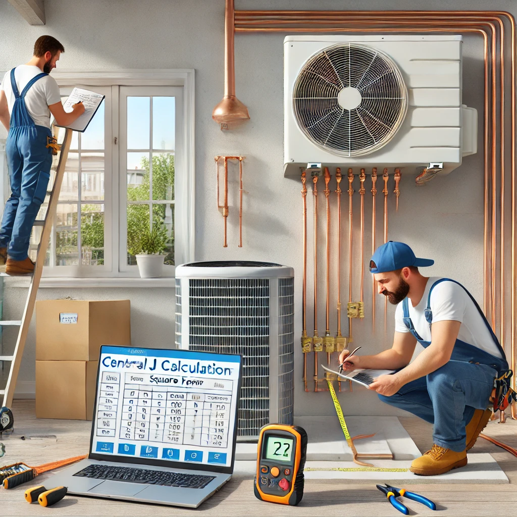 HVAC technician performing Manual J load calculation on a laptop, with a floor plan and insulation specs displayed.