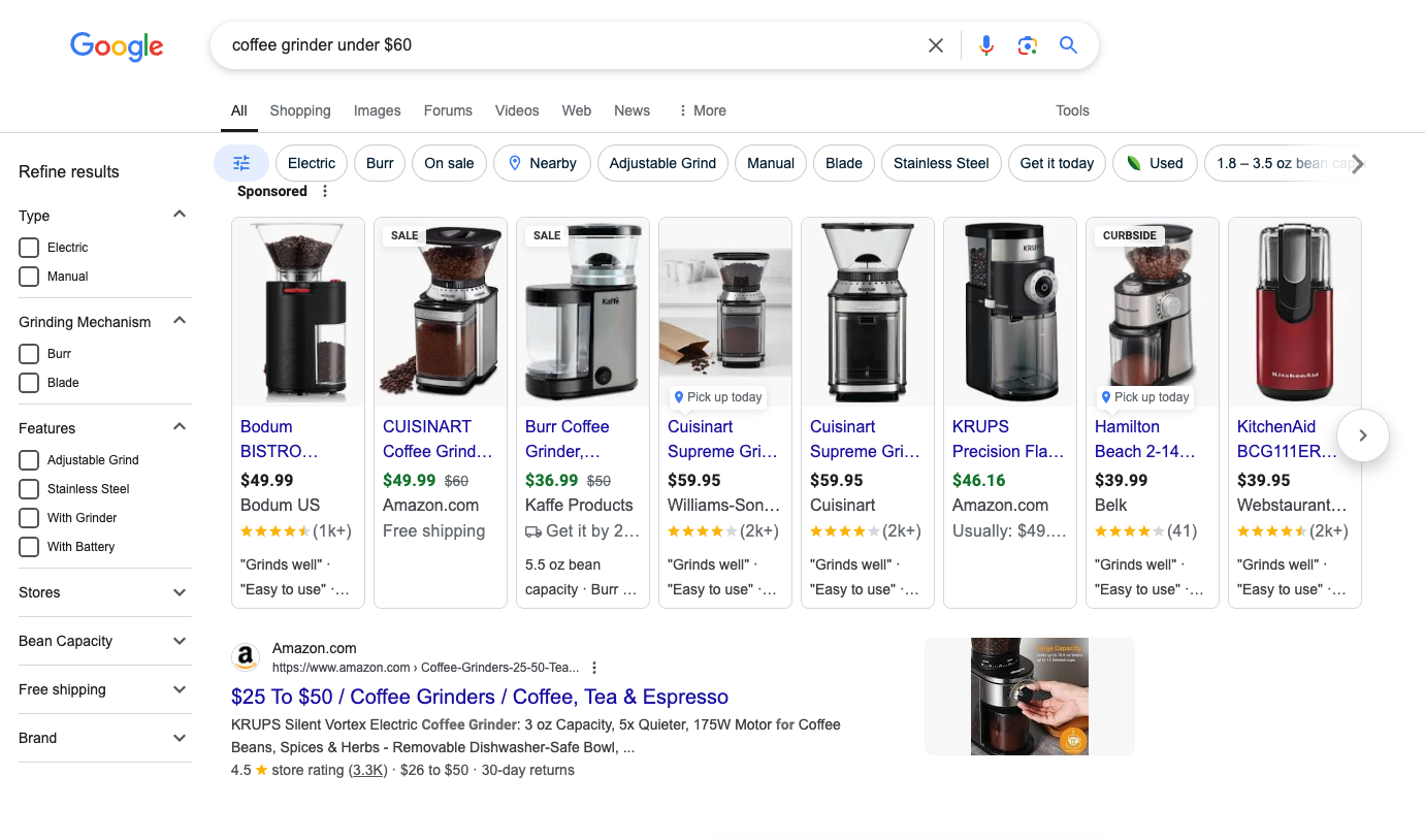 Google search results for 'coffee grinder under $60'