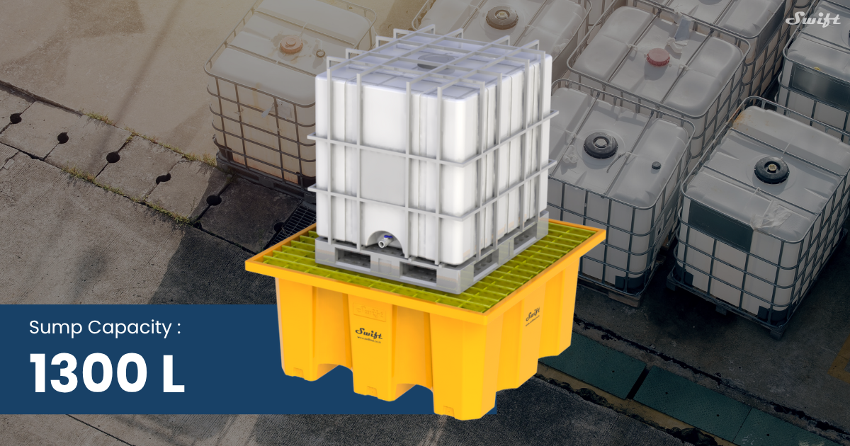 Yellow spill containment container with FRP Top, offering a 1300-liter sump capacity for safe liquid storage.