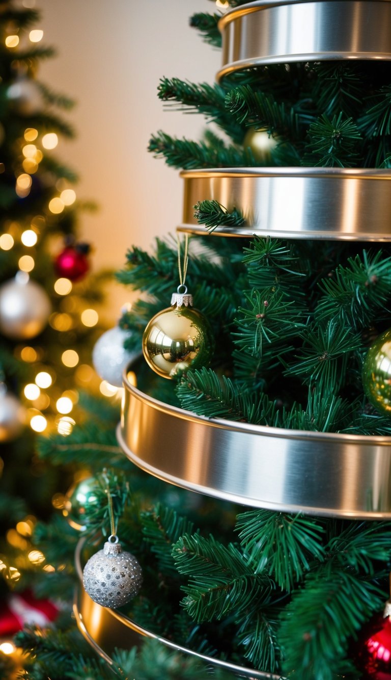 A sleek metal tree collar surrounds a festive Christmas tree, adding a touch of elegance to the holiday decor