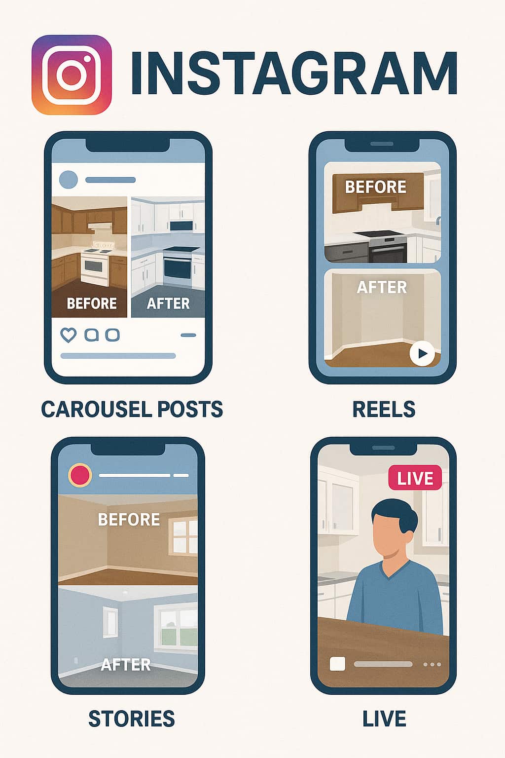Instagram features for home improvement marketing including carousel posts, reels, stories and live videos showing kitchen and bathroom renovations.