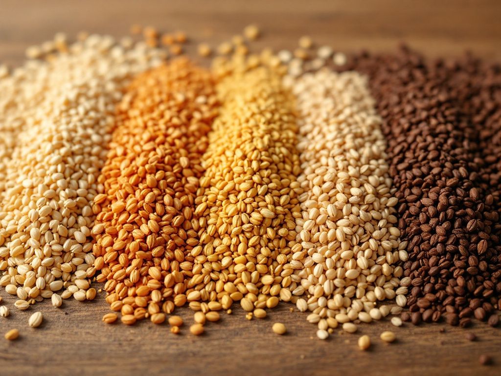 A photorealistic shot capturing various types of malted barley grains arranged on a wooden surface, showing different colors from light to dark, representing the range of malts used in craft beer production