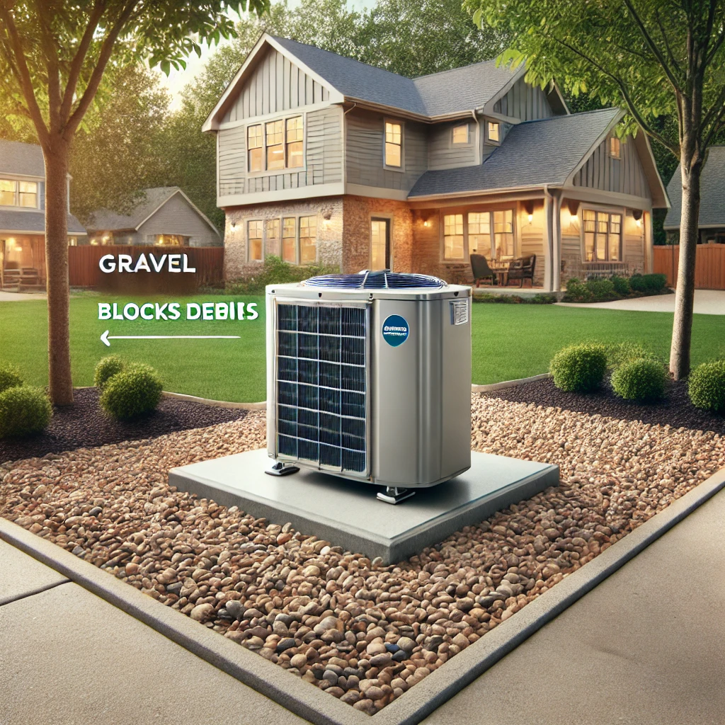 Mini-split unit installed on gravel base away from mulch and trees to prevent debris and maintain airflow