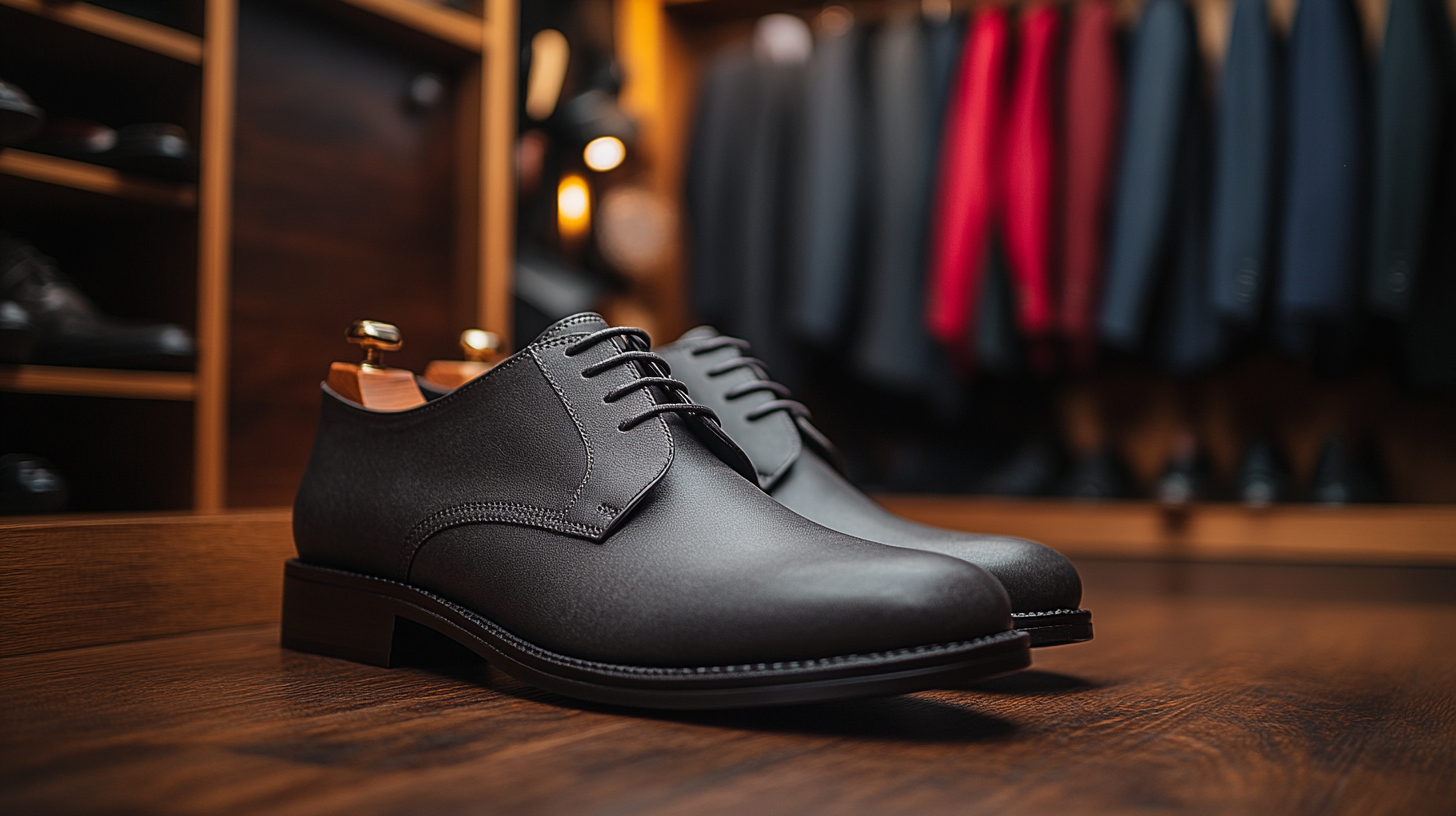 Modern grey or navy shoes with a sleek design, displayed in front of a wardrobe full of black suits and red shirts hanging.