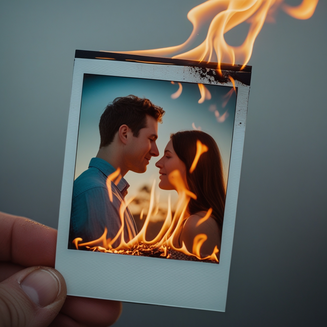 A burning photograph of a couple, representing the harsh reality of letting go