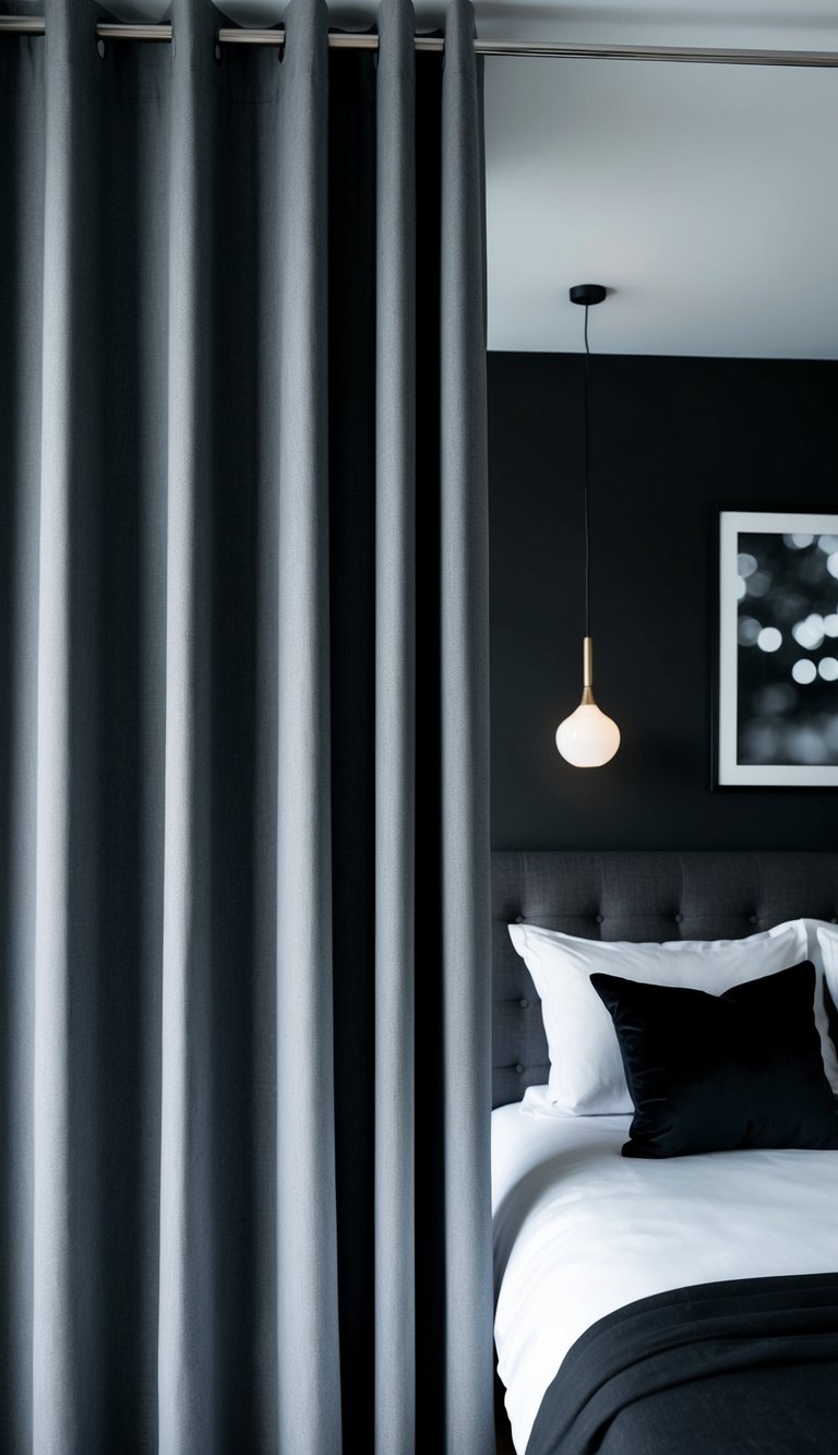 Steel gray curtains hang in a modern bedroom with black and gray decor