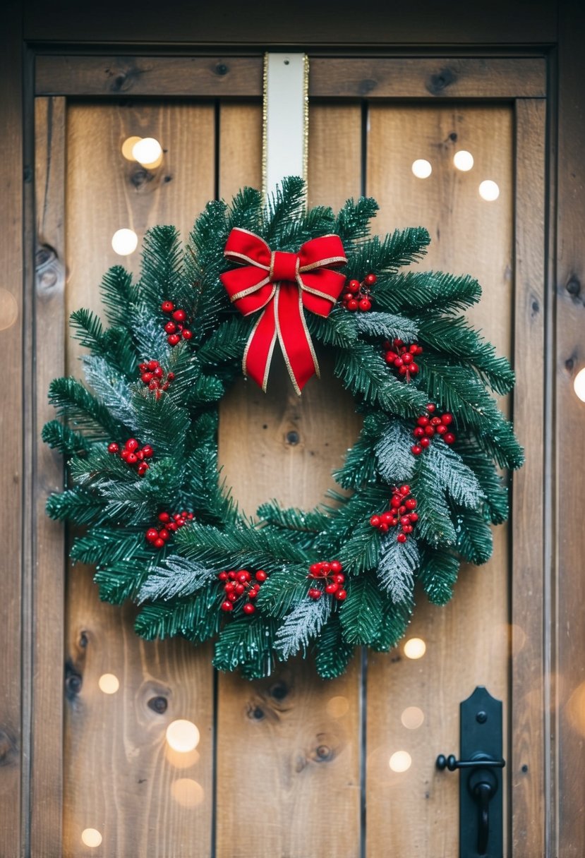 A glittering pine wreath hangs on a rustic wooden door, adorned with red berries and a festive bow