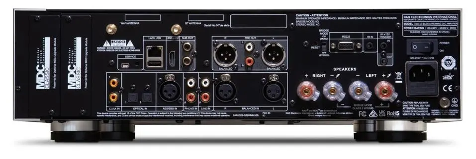 NAD M33 V2 BluOS Streaming Amplifier rear view showing inputs and outputs.