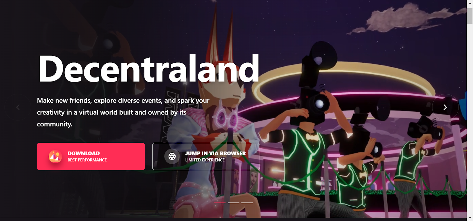 Decentraland download page: options to join as a guest or log in via Google/Metamask, with app download for PC highlighted.