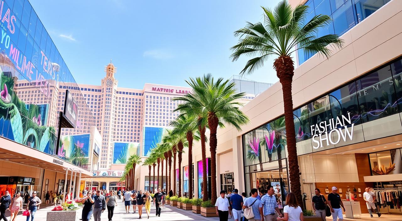 A vibrant, bustling scene of Fashion Show Mall in Las Vegas, showcasing a modern architectural design with large glass facades, colorful LED lights, and busy shoppers exploring high-end fashion boutiques, surrounded by palm trees and the iconic Las Vegas strip in the background during a bright sunny day.