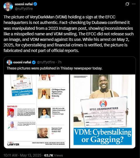 VDM’s EFCC mugshot: Rufai Oseni corrects tweet after DUBAWA’s fact-check
