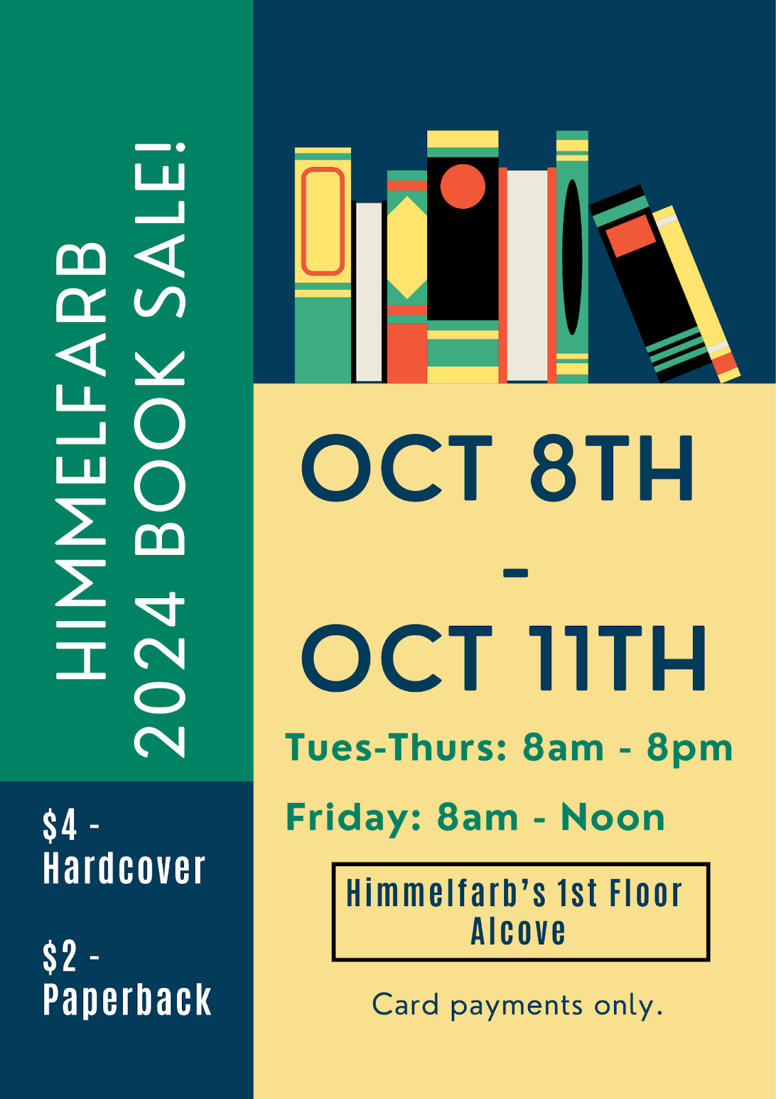 Graphic of books with the text Himmelfarb 2024 booksale 