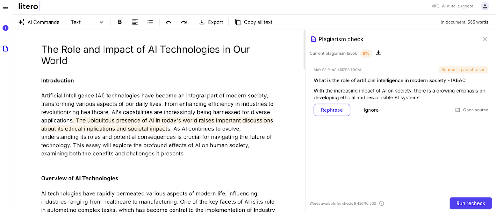 Litero AI's plagiarism checker in action, showing a plagiarism check with 9% flagged content.