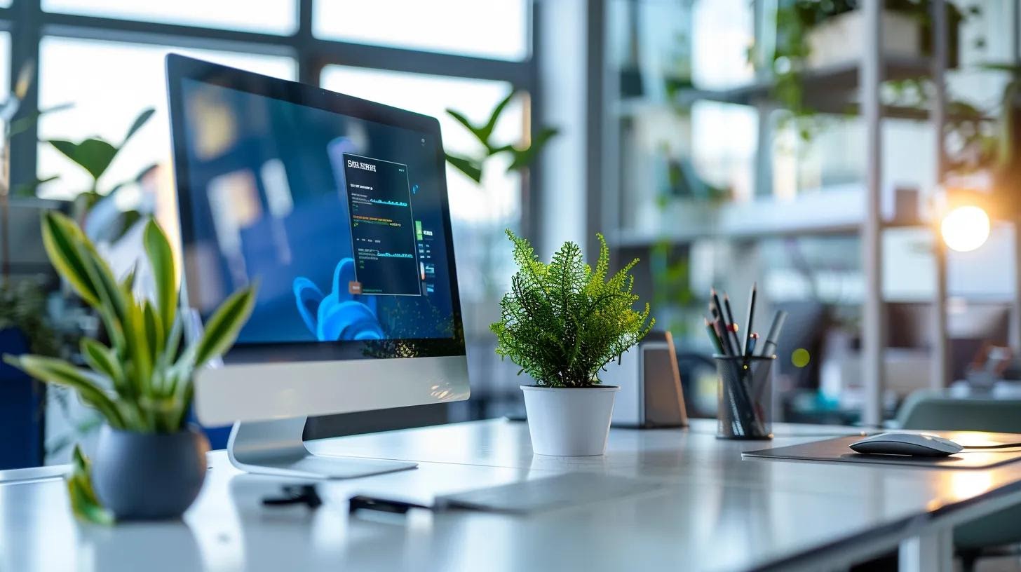 a sleek, modern office workspace displays a large monitor showcasing an intuitive website design with engaging visuals, emphasizing fast loading times and seamless navigation to enhance user experience.